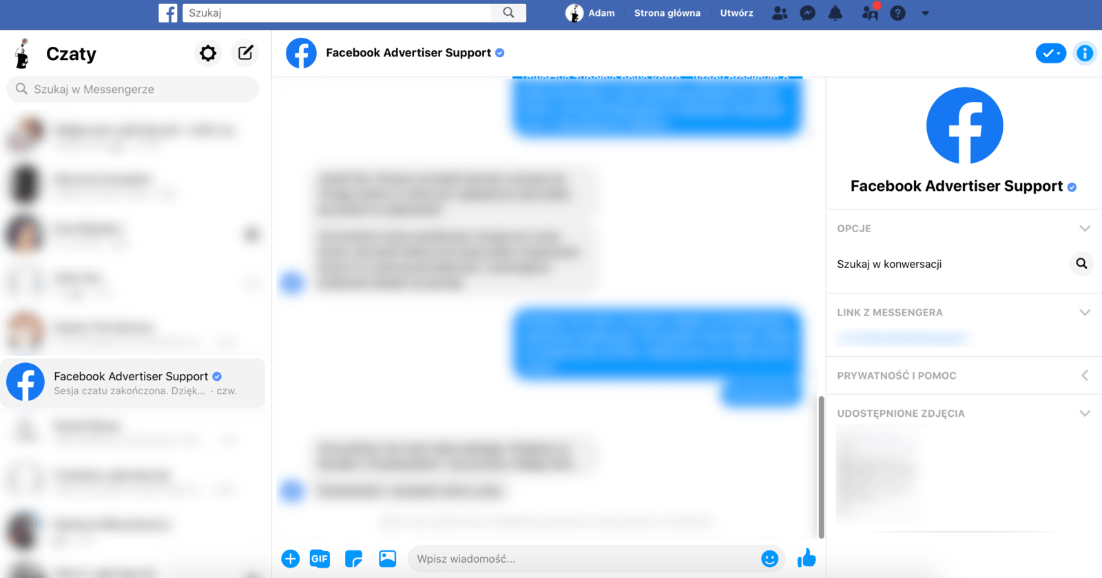 Rozmowa z pracownikiem Facebooka w messengerze